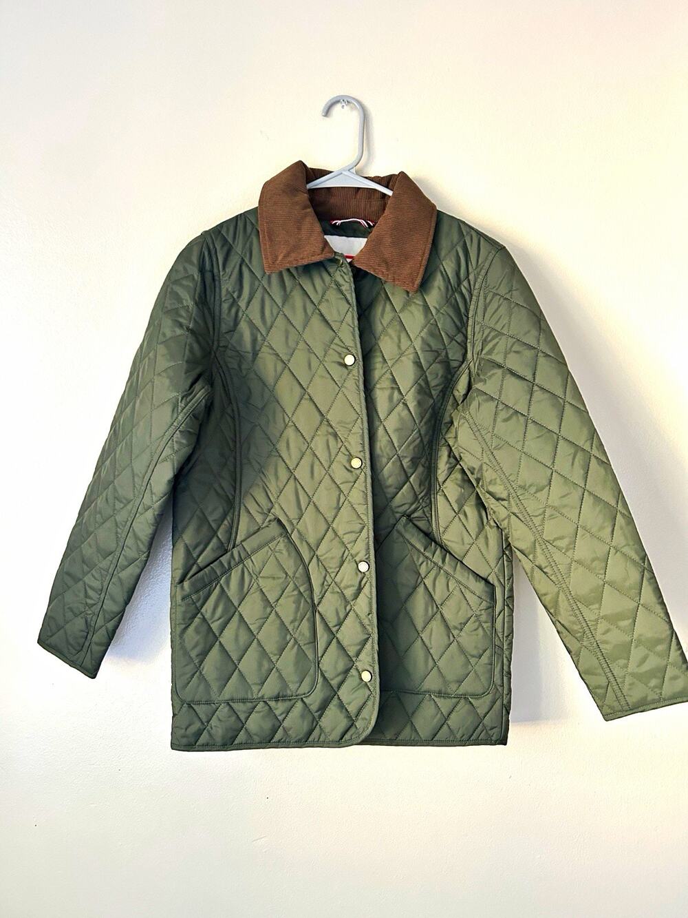 Hunter Women's Green Quilted Jacket Snap Front Pockets Mid-Length Size S